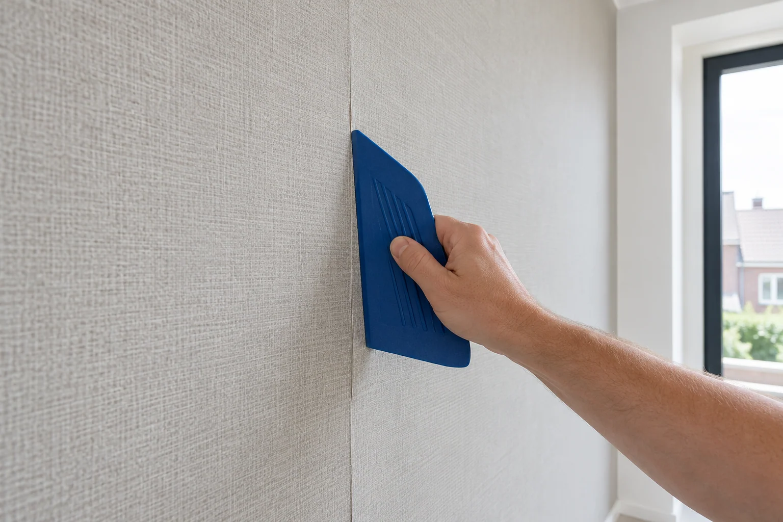 Sfeerbeeld van het zorgvuldig gladstrijken van vliesbehang langs een naad