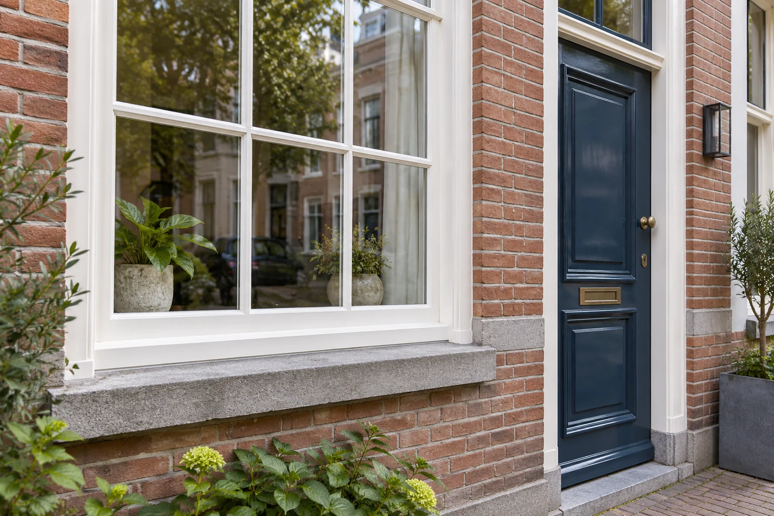 Sfeerbeeld van afgewerkte witte buitenkozijnen en een blauwe voordeur