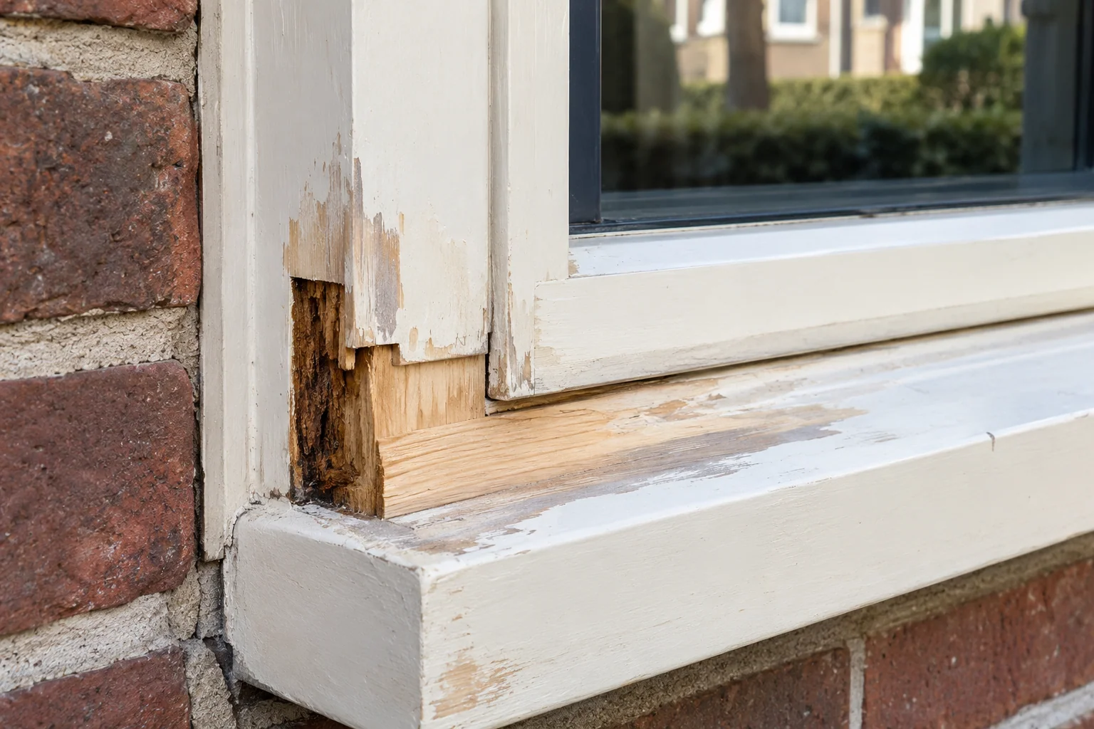 Sfeerbeeld van een plaatselijk aangetast houten kozijn tijdens de voorbereiding van herstel